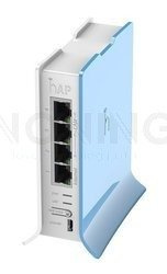 hAP lite TC Small home AP with four ethernet ports and a colorful enclosure.