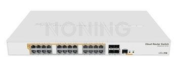 CRS328-24P-4S+RM 24 port Gigabit Ethernet router/switch with four 10Gbps SFP+ ports in 1U rackmount case, Dual Boot and PoE output, 500W