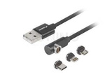 Kabel Combo Usb-A(M)->Usb Micro(M)+Lightning(M)+Usb-C(M) 2.0 1m Czarny Kątowy Qc 3.0 Magnetyczny