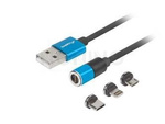 CABLE COMBO USB-A(M)->USB MICRO(M)+LIGHTNING(M)+USB-C(M) 2.0 1M BLACK-BLUE QC 3.0 MAGNETIC LANBERG