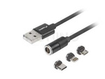 CABLE COMBO USB-A(M)->USB MICRO(M)+LIGHTNING(M)+USB-C(M) 2.0 1M BLACK QC 3.0 MAGNETIC LANBERG